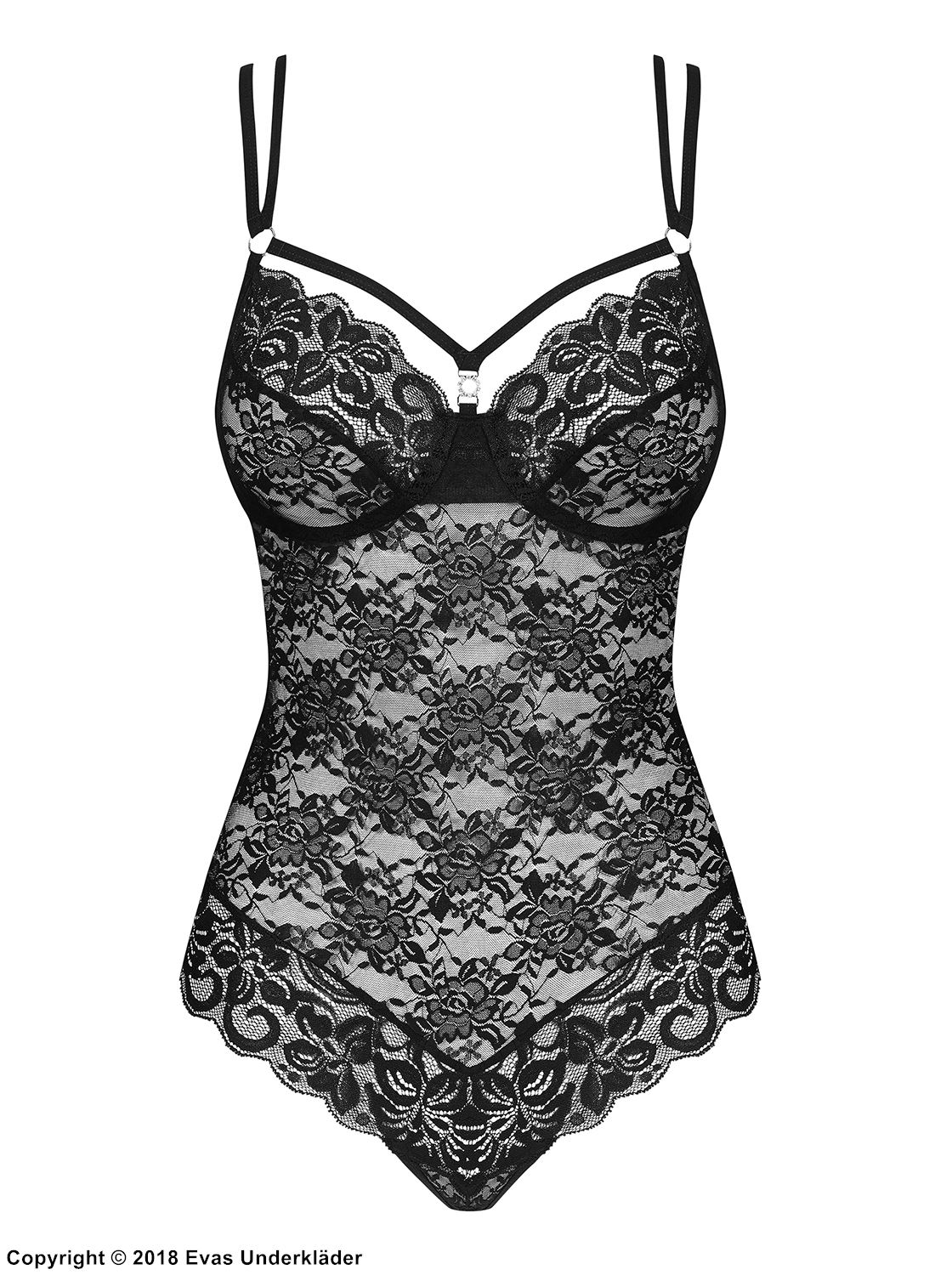 Teddy, lace, straps over bust, crossing straps